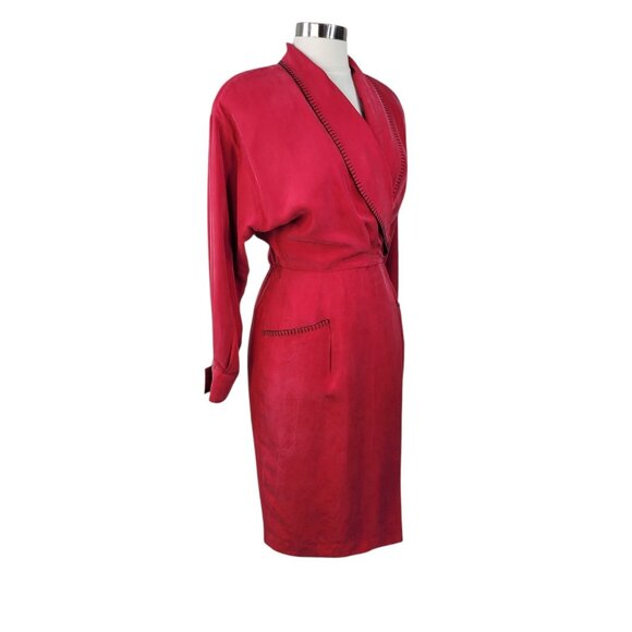 Vintage 100% Silk Power Suit Jacket Dress Size 6 Midi Top Red Wrap Pockets 80s - Picture 4 of 11